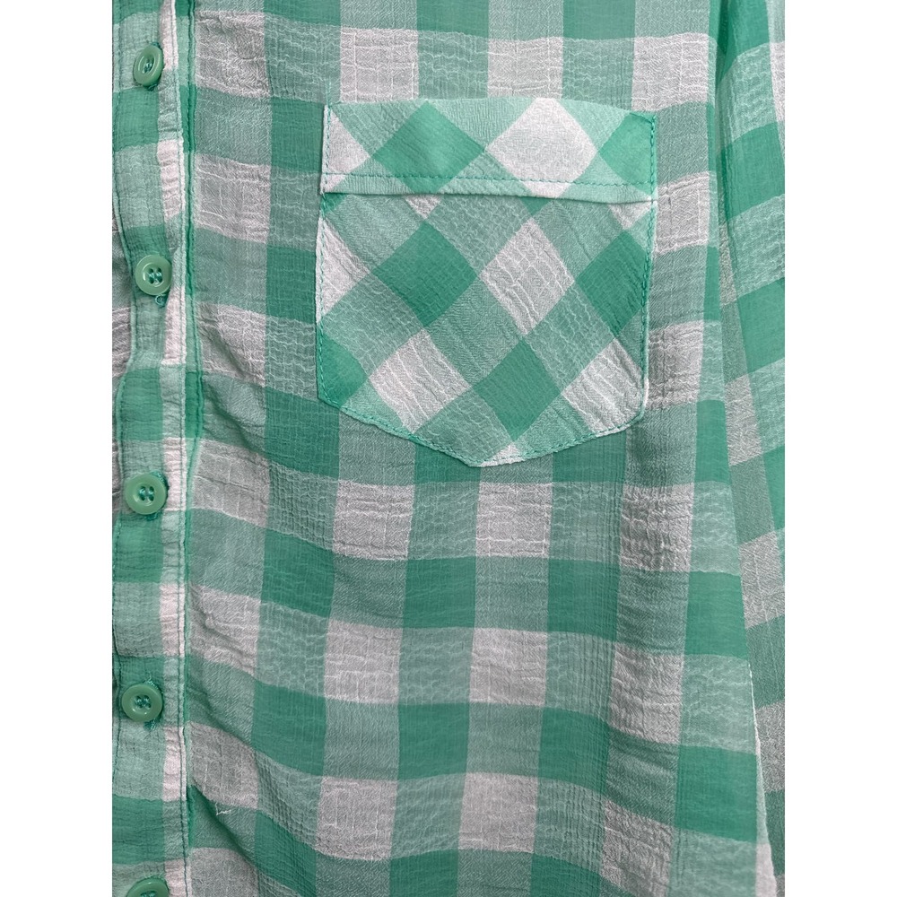 Free People Green‎ Checkered Button Up Long Sleeve Lightweight Top Size Medium - Picture 2 of 6
